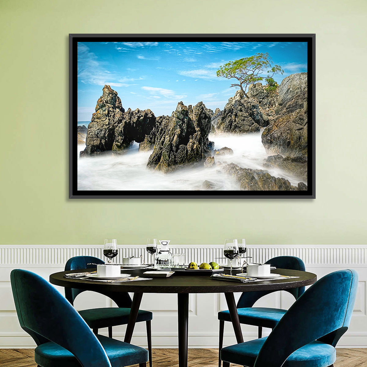 Karang Bebay Misty Shore Wall Art in a room, landscape
