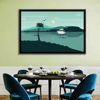 Teal Lake Boat with Palm Tree Wall Art