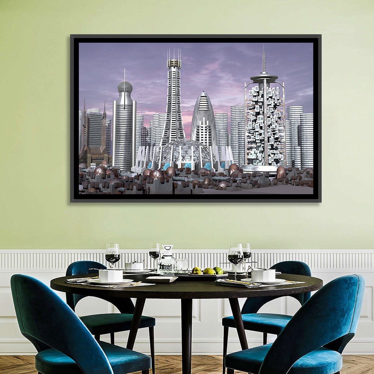 Purple Dusk Futuristic Cityscape Wall Art in a room, landscape