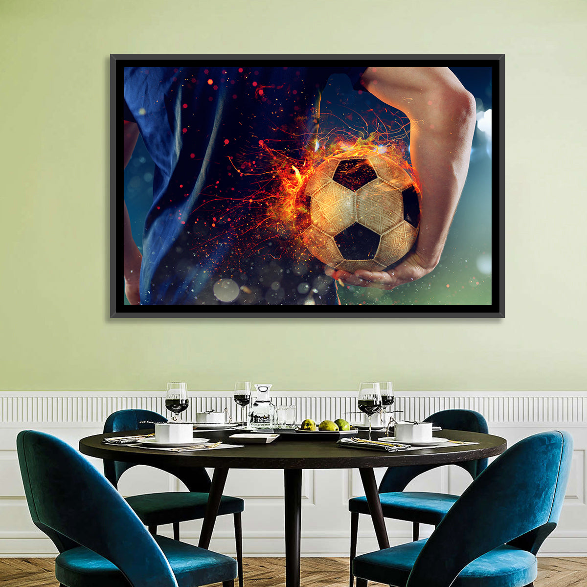 Fiery Soccer Ball and Blue Jersey Player Wall Art in a room, landscape