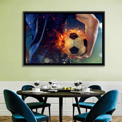 Fiery Soccer Ball and Blue Jersey Player Wall Art