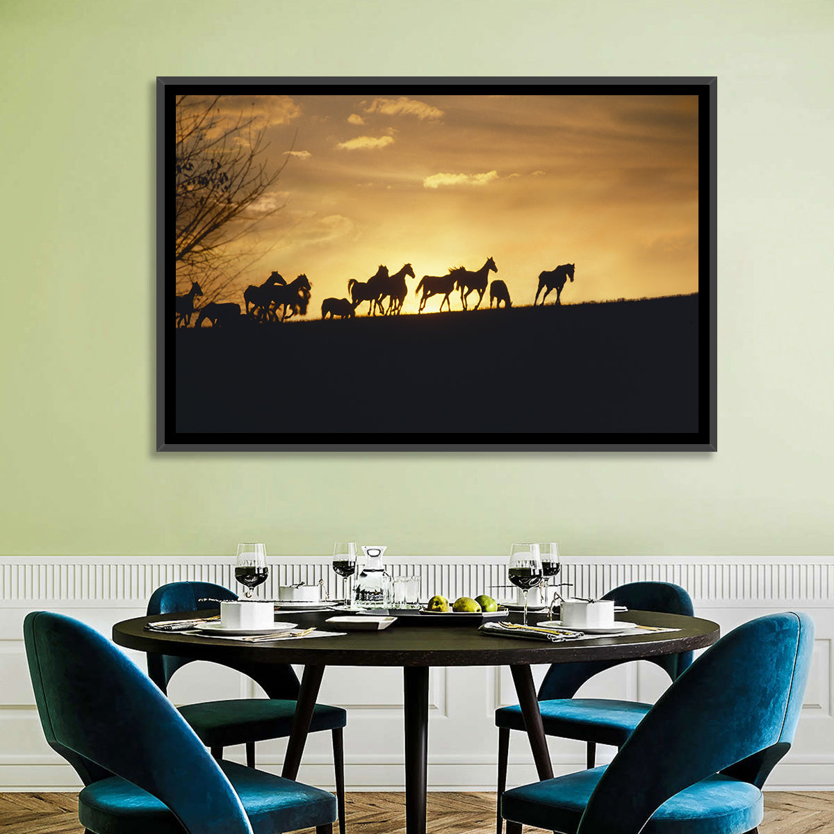 Mustang Silhouettes at Sunset Wall Art