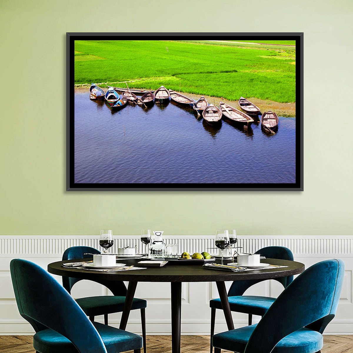 Boats at the Shoreline Wall Art in a room, landscape