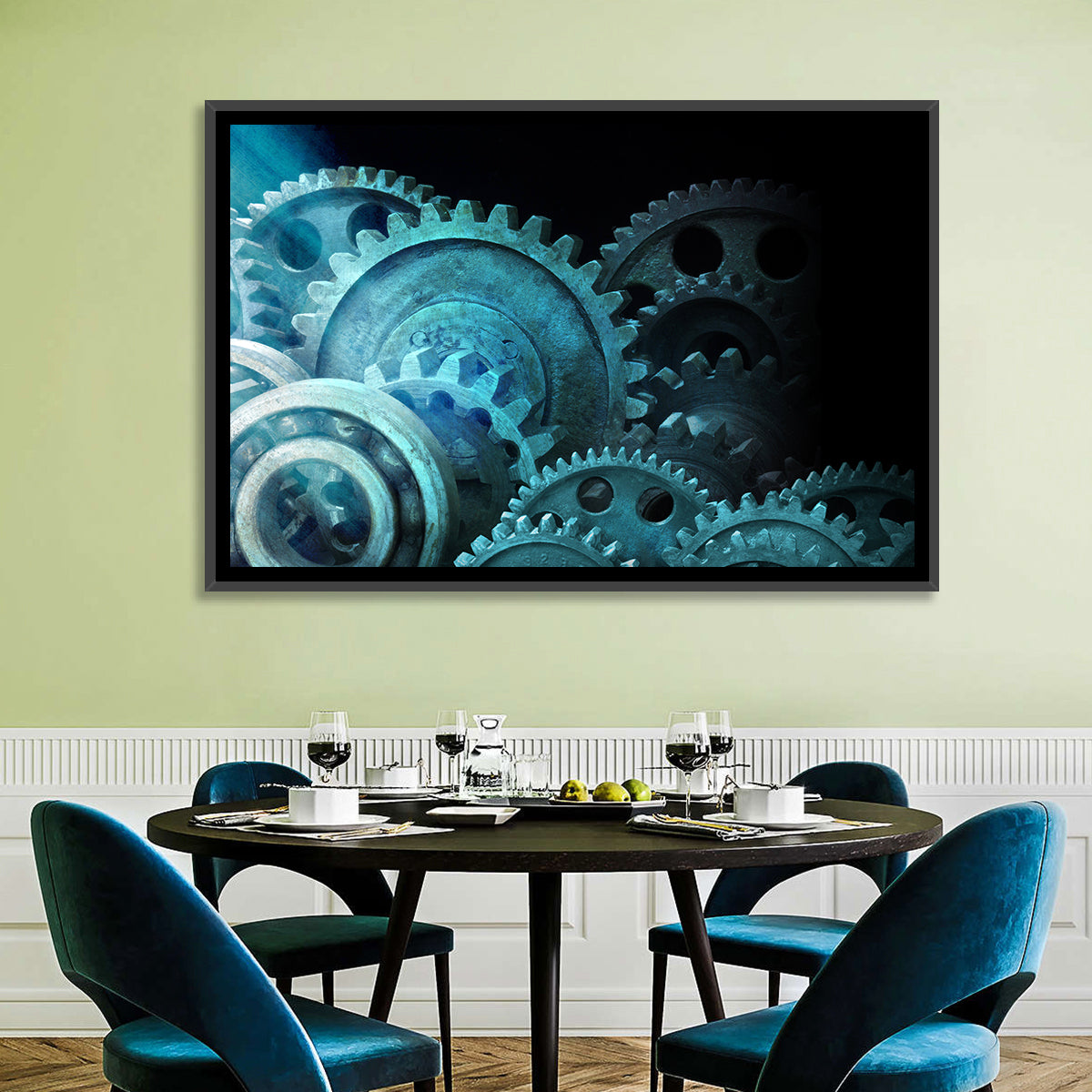 Teal and Steel Cogwheel Close-up Wall Art in a room, landscape