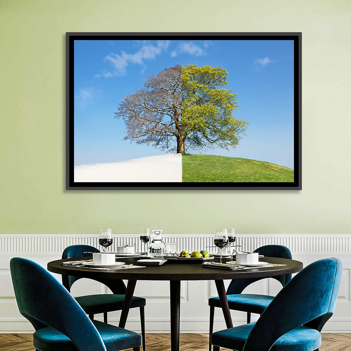 Split Season Tree Landscape Wall Art in a room, landscape