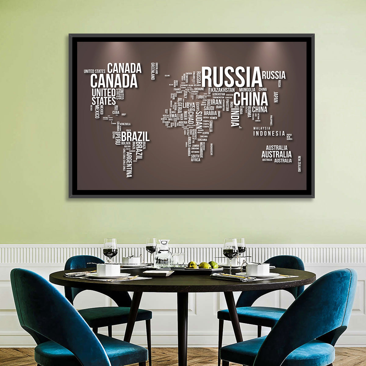World Map Typography in Brown and White Wall Art