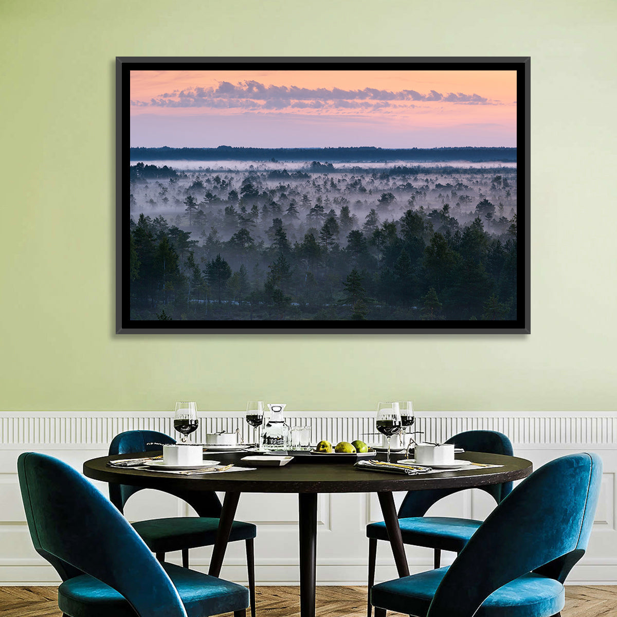 Estonian Misty Pine Landscape Wall Art in a room, landscape