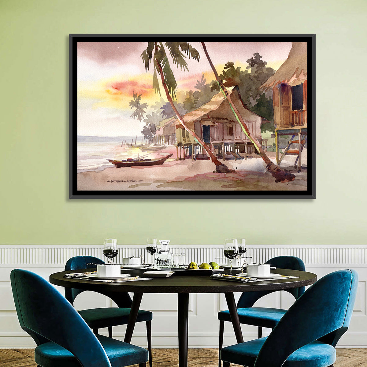 Malaysian Coastal Village at Sunset Wall Art in a room, landscape