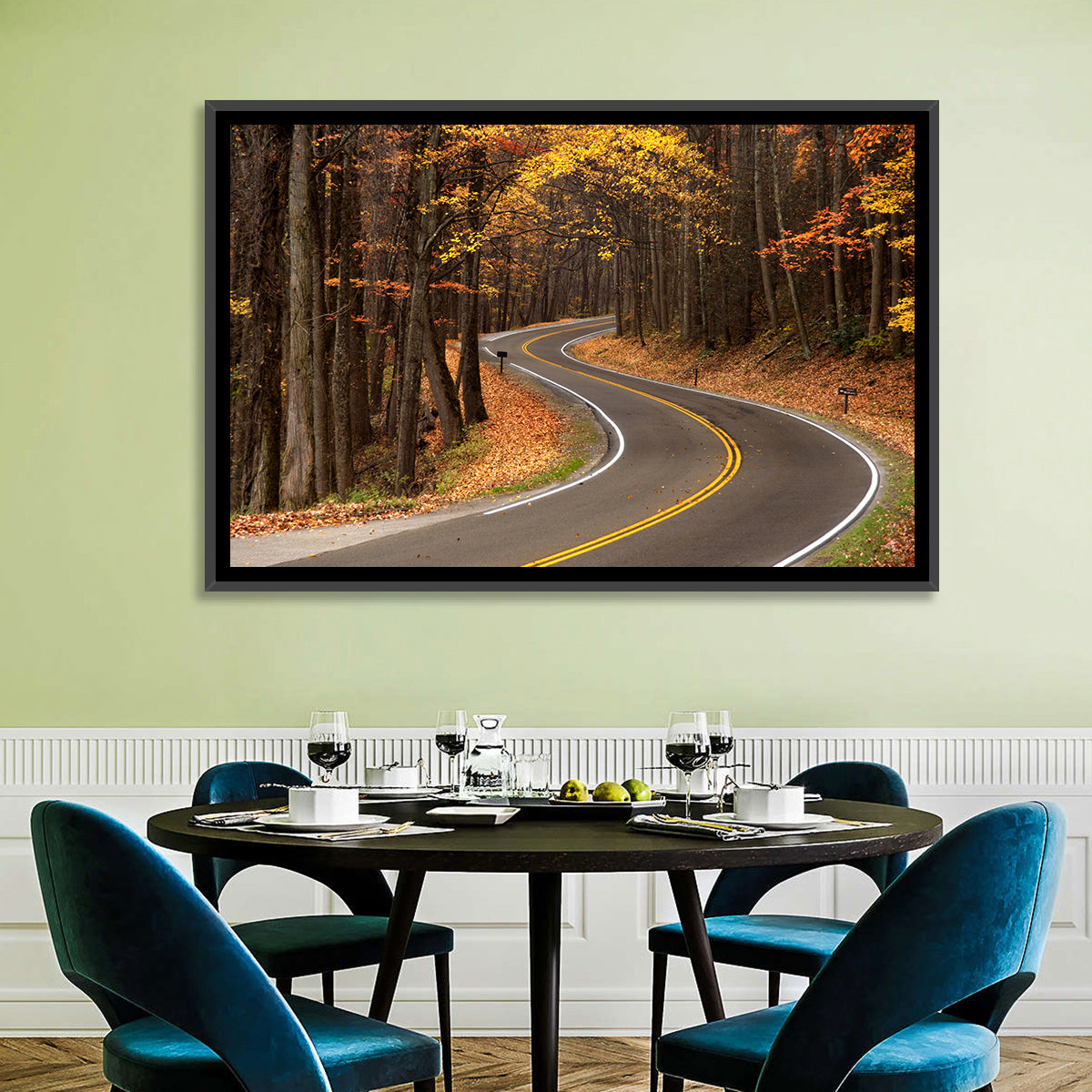 S-curve Road Through Autumn Forest Wall Art in a room, landscape