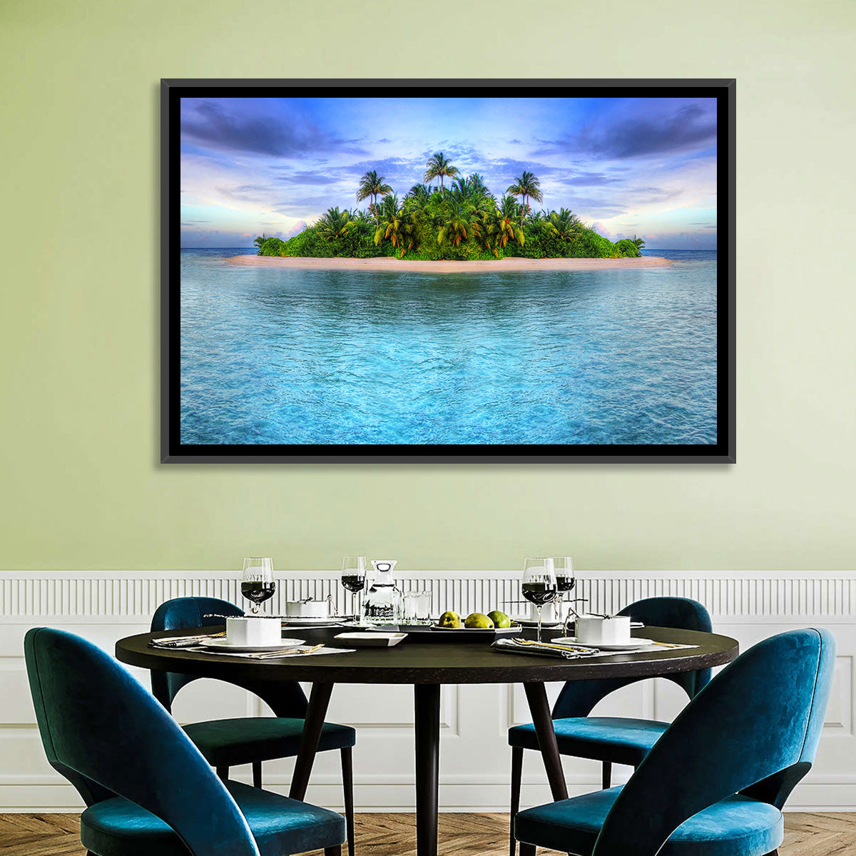 Mirrored Tropical Island Lagoon Wall Art in a room, landscape