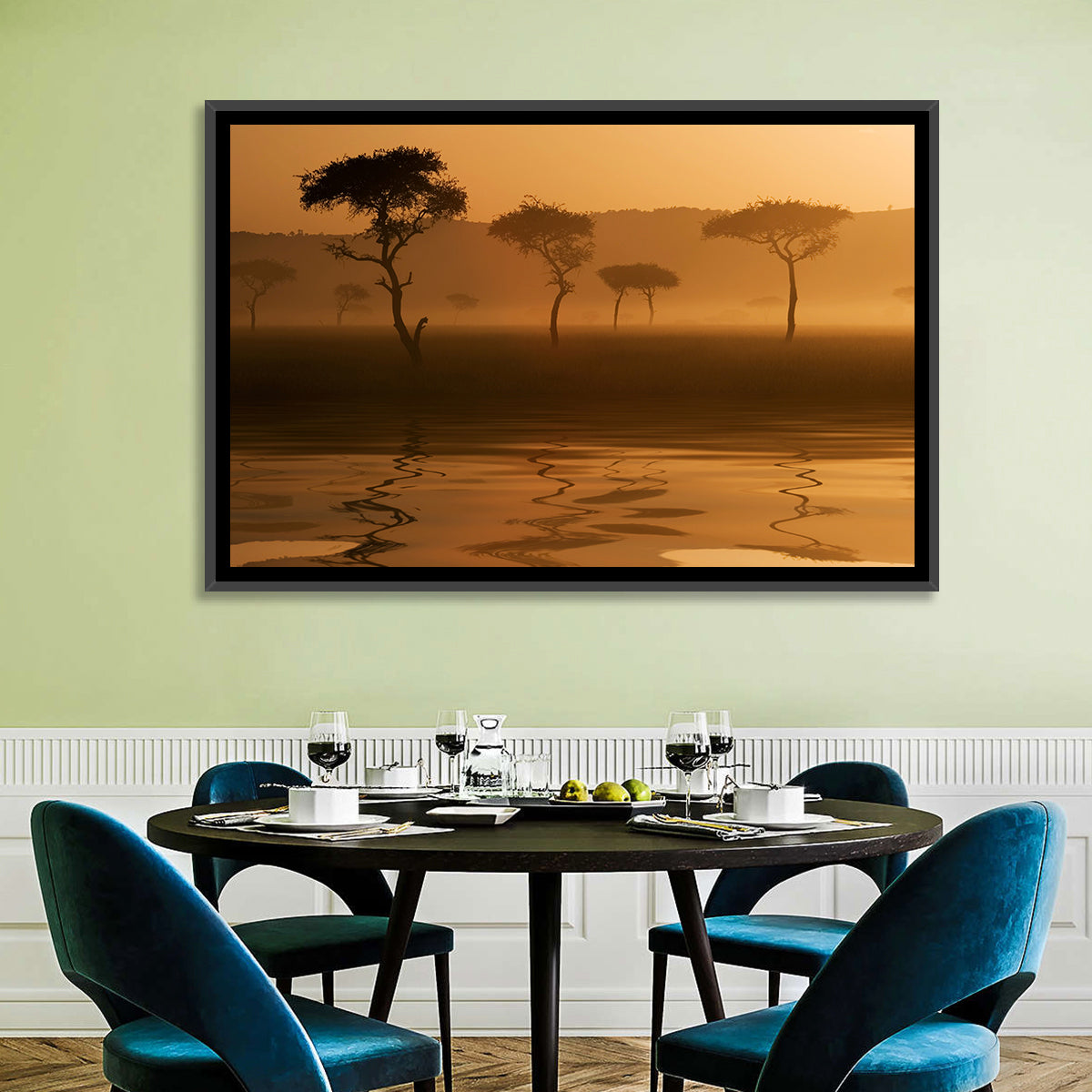 Savanna Sunset Acacia Silhouettes Wall Art in a room, landscape