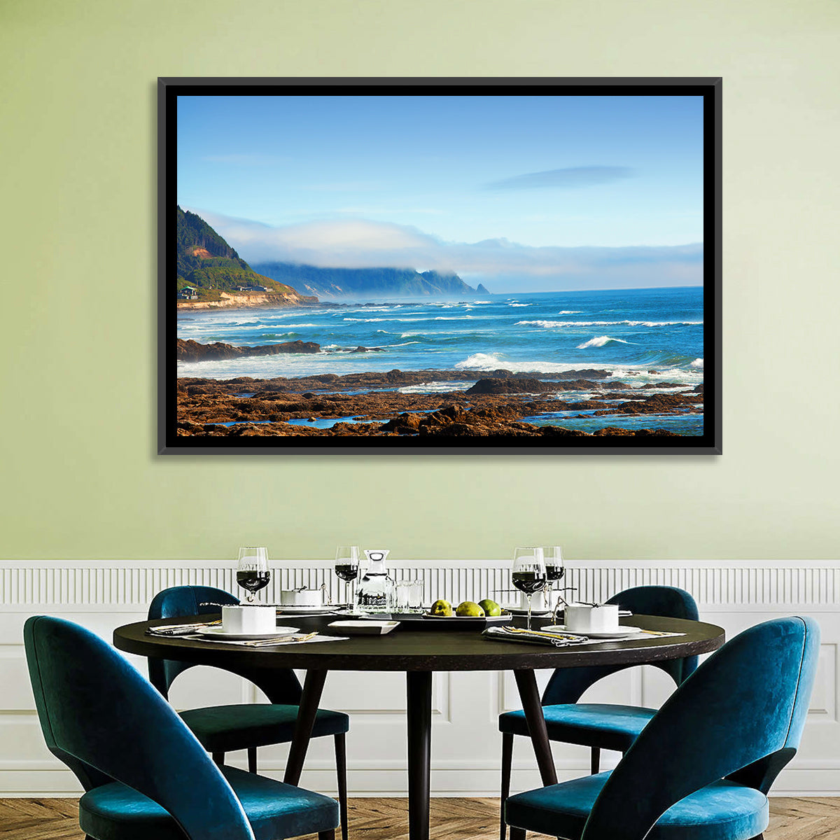 Misty Oregon Coast Tide Pools Wall Art in a room, landscape