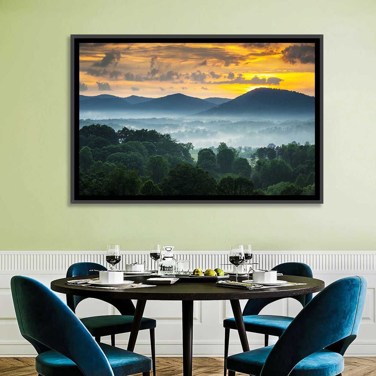Blue Ridge Mountains Asheville Sunset Wall Art in a room, landscape