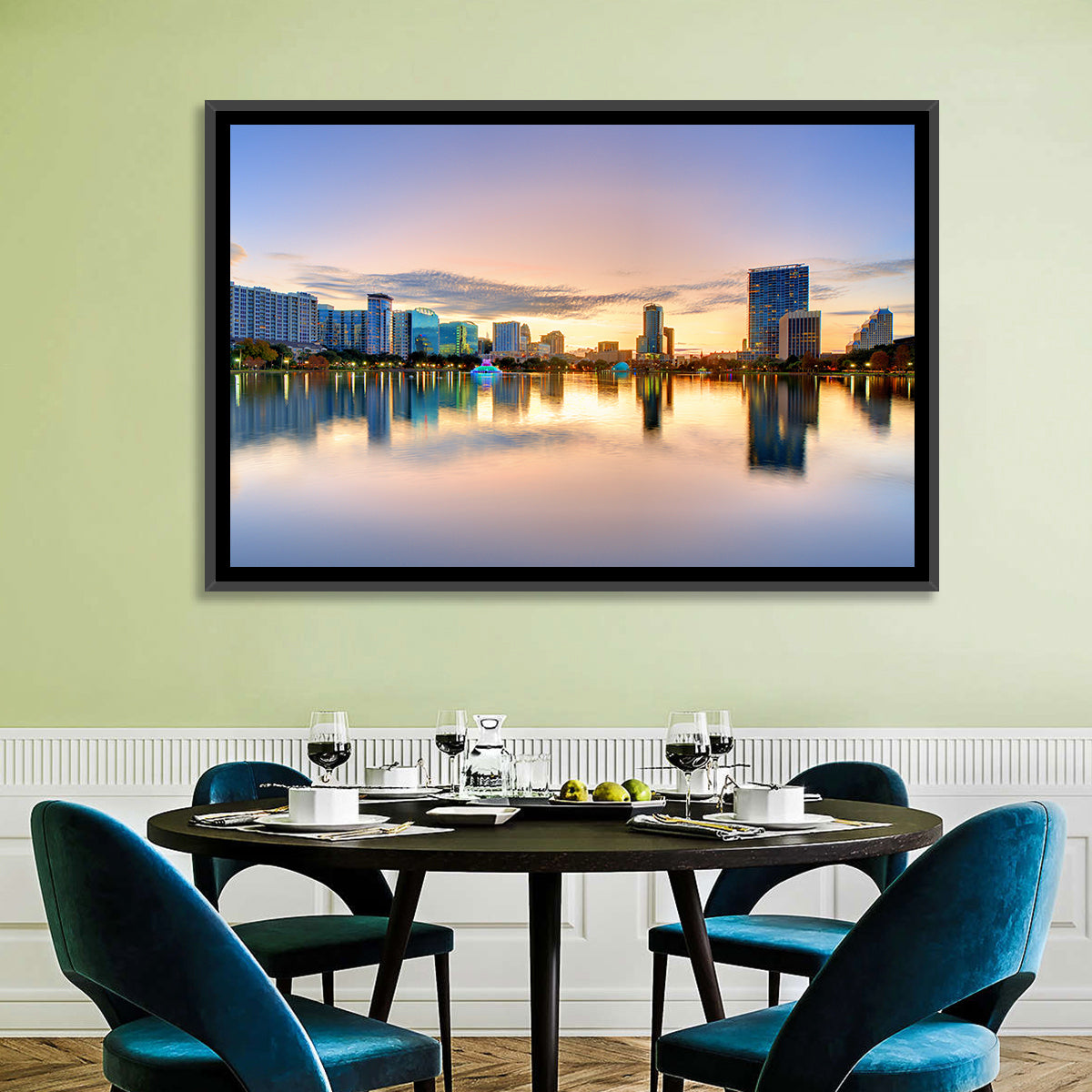 Orlando Skyline at Dusk Wall Art in a room, landscape