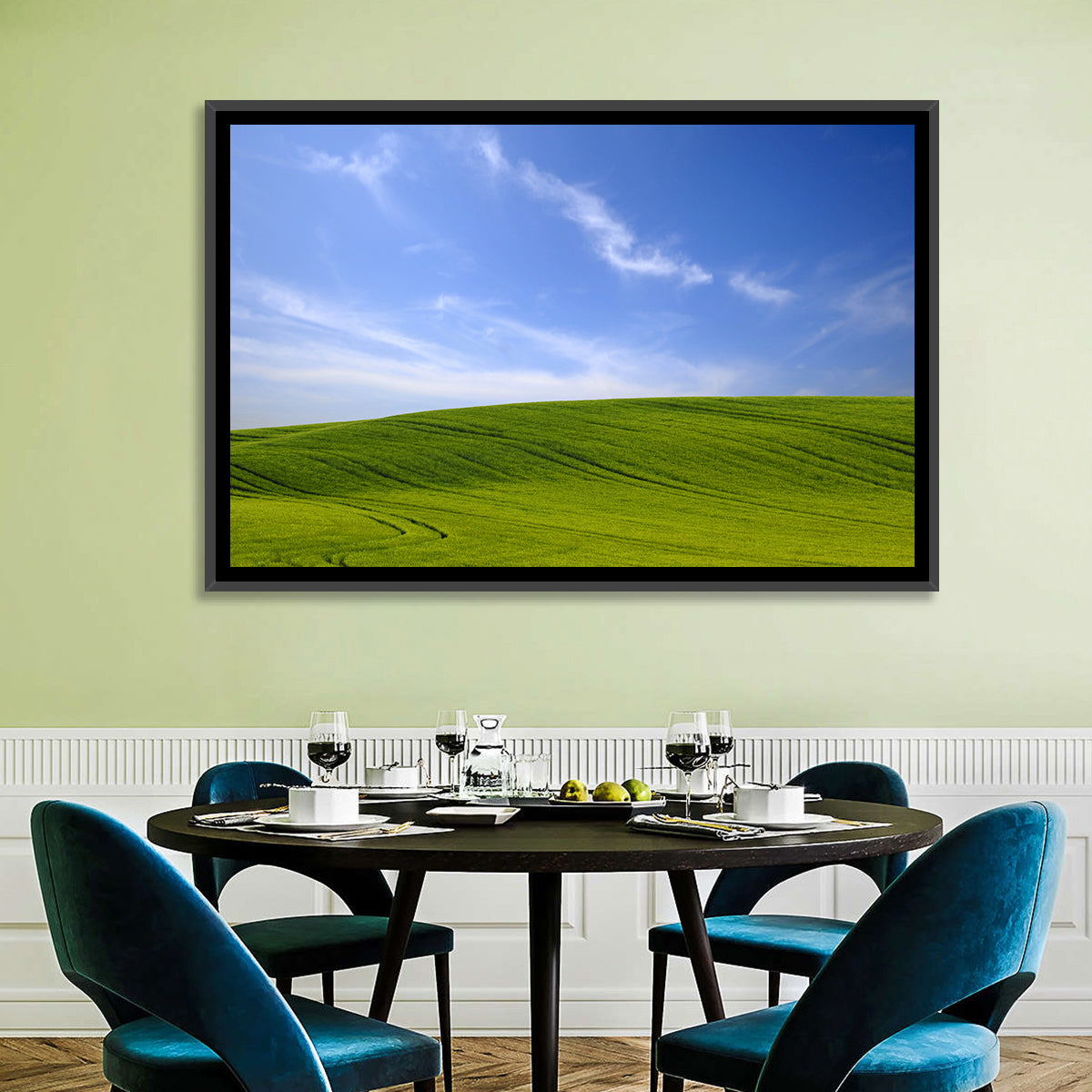 Rolling Green Hill with Blue Sky Wall Art in a room, landscape