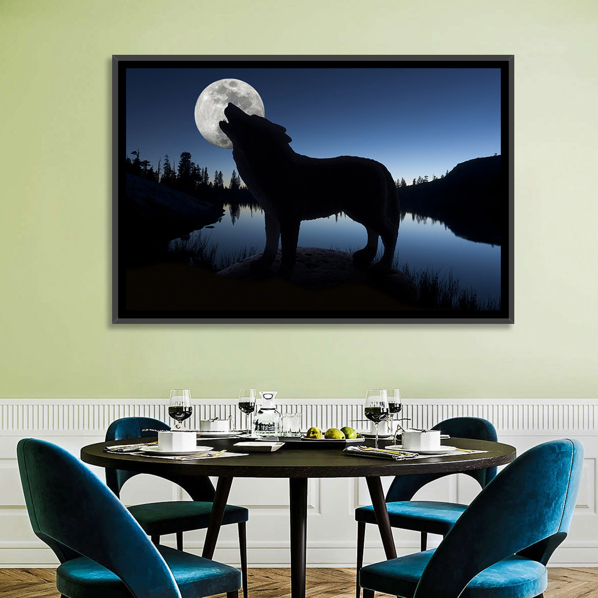 Howling Wolf at Full Moon Wall Art in a room, landscape