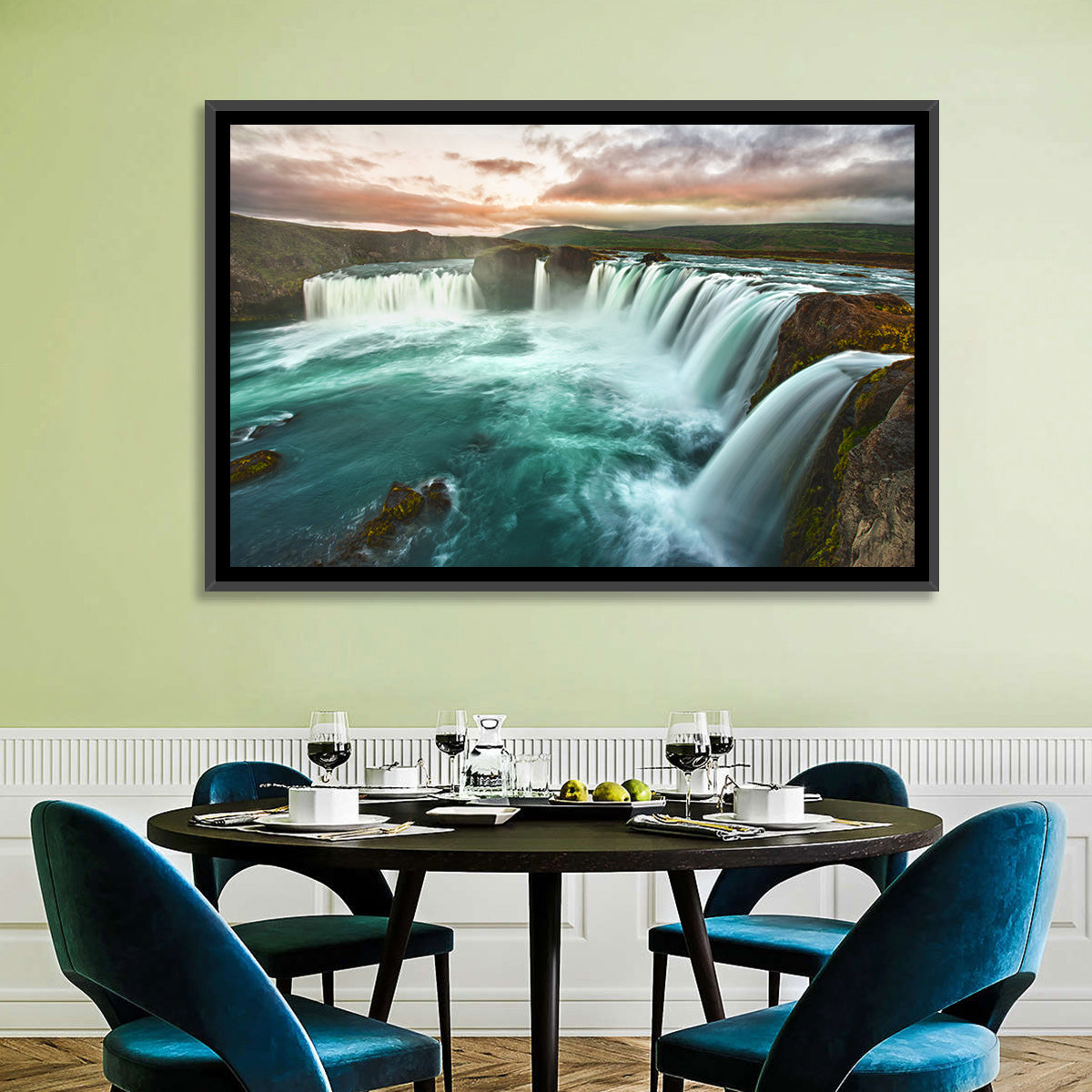 Goðafoss Waterfall at Golden Hour Wall Art in a room, landscape