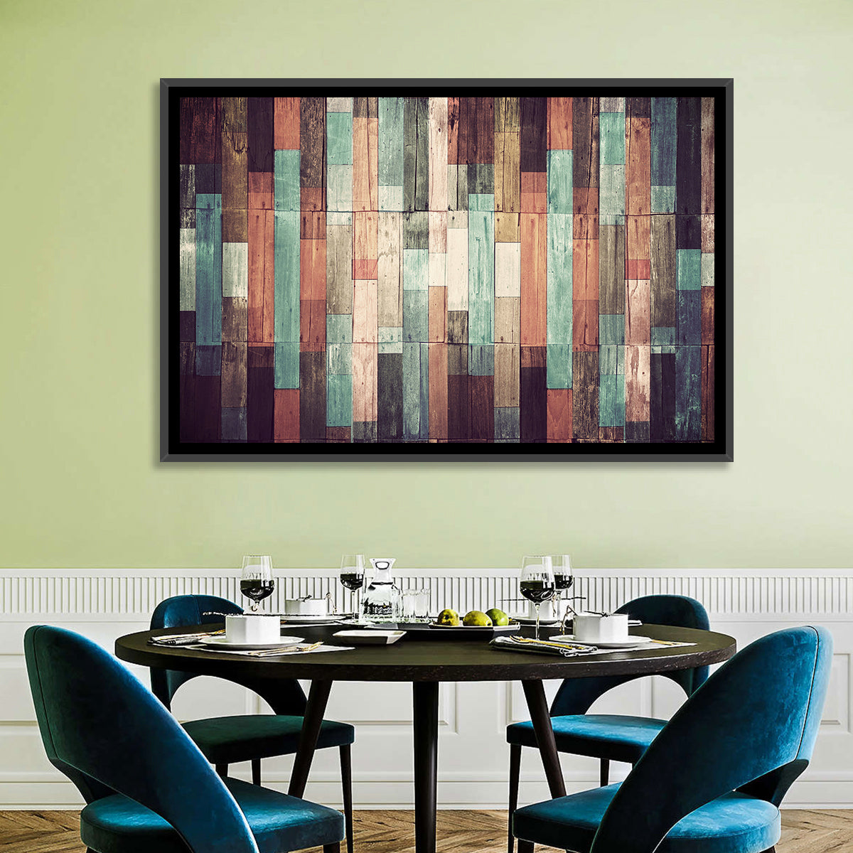 Sound Waves Wood Planks Wall Art in a room, landscape