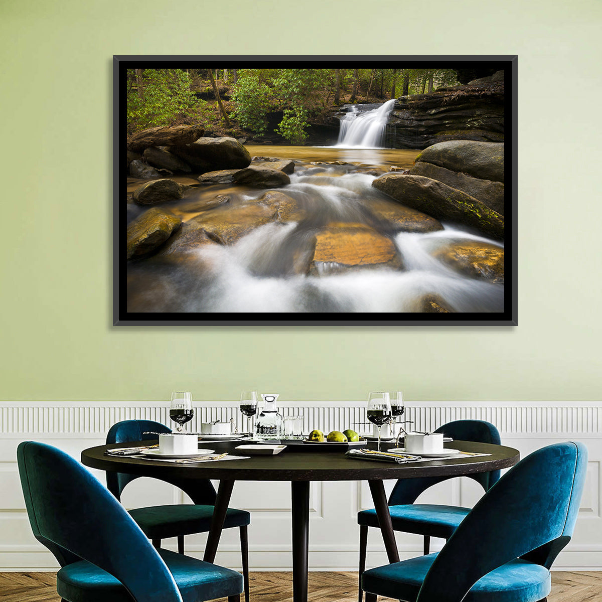 South Carolina Forest Waterfall Wall Art in a room, landscape