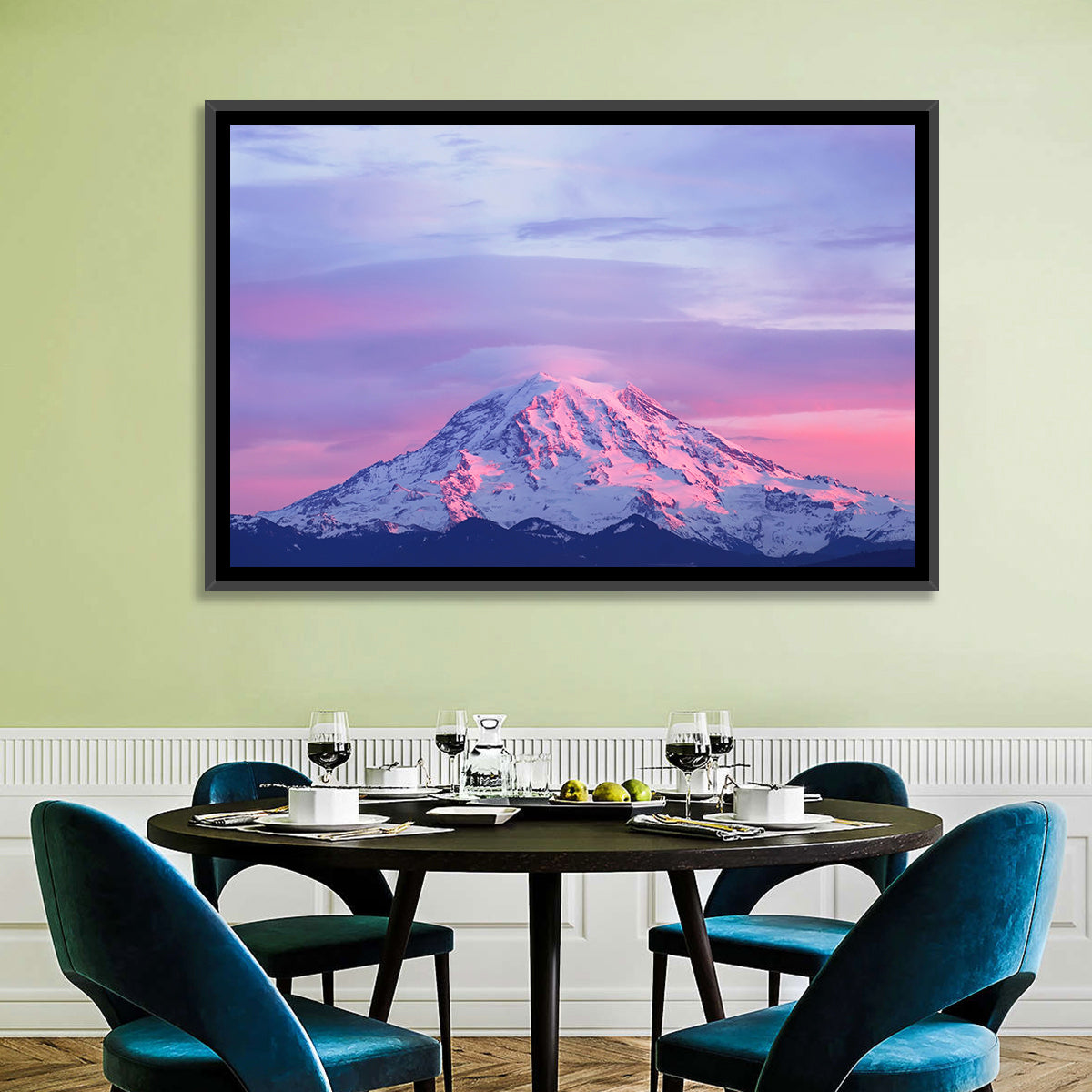 Mount Rainier Alpenglow with Lenticular Cloud Wall Art in a room, landscape