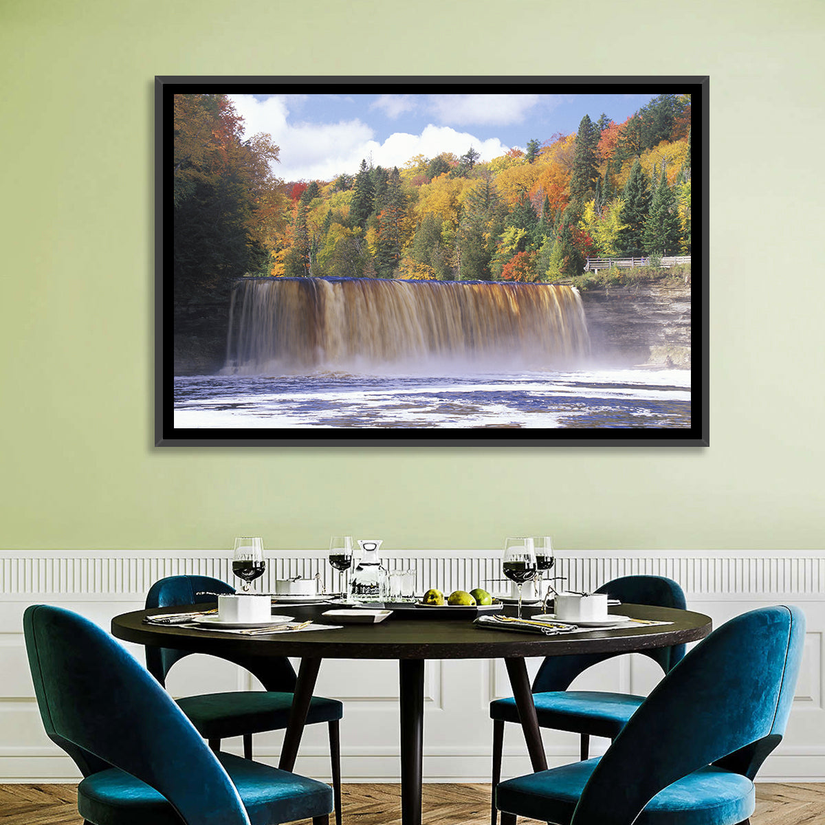 Tahquamenon Falls Autumn Waterfall Wall Art in a room, landscape