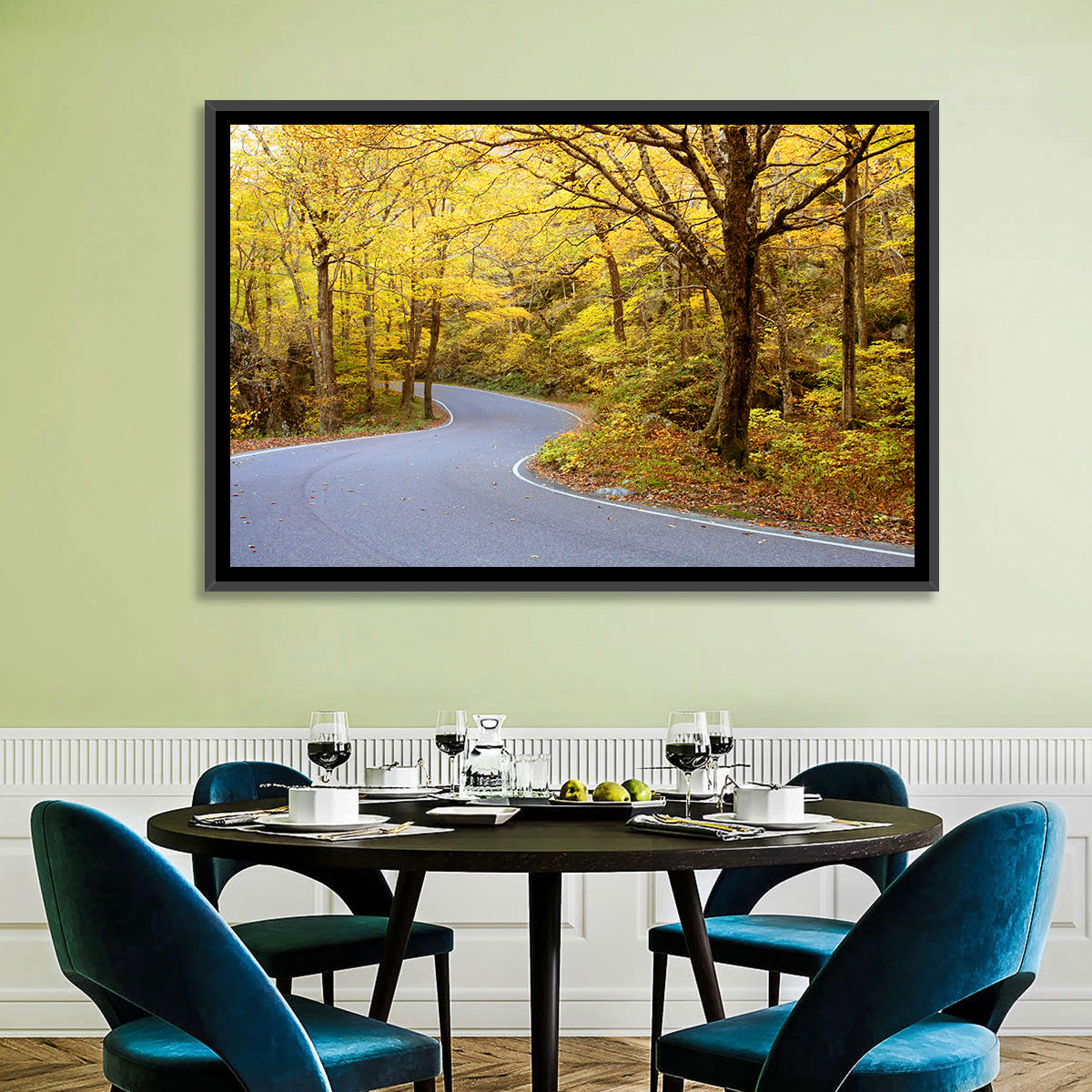 Winding Road Through Autumn Foliage Wall Art in a room, landscape