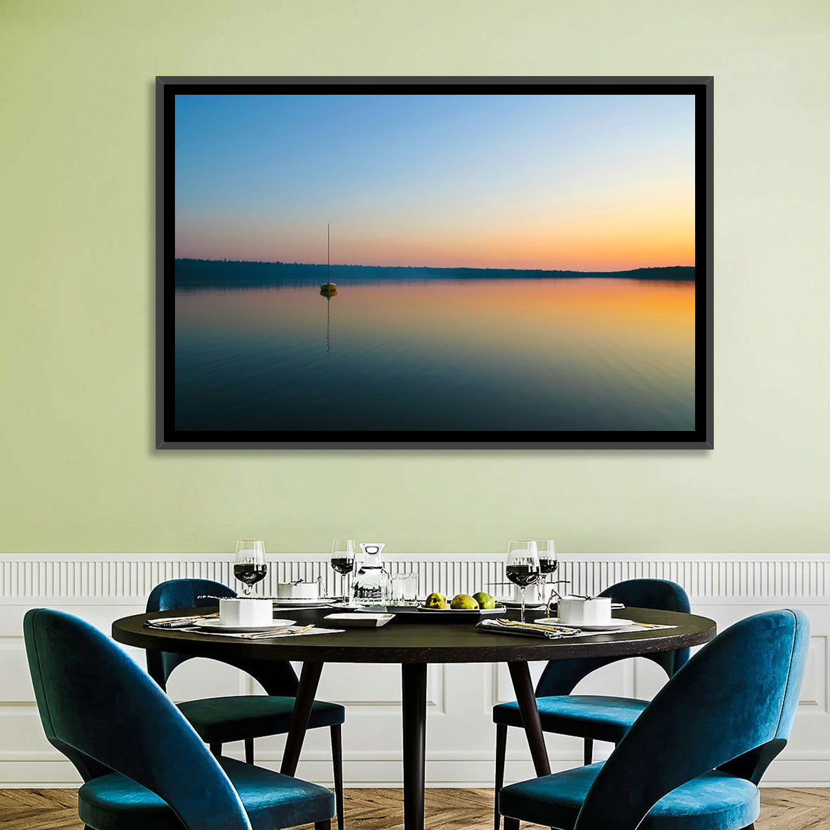Cyprus Lake Sunset Boat Wall Art in a room, landscape