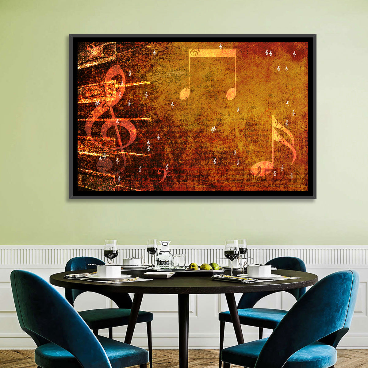 Grunge Sheet Music Collage Wall Art in a room, landscape