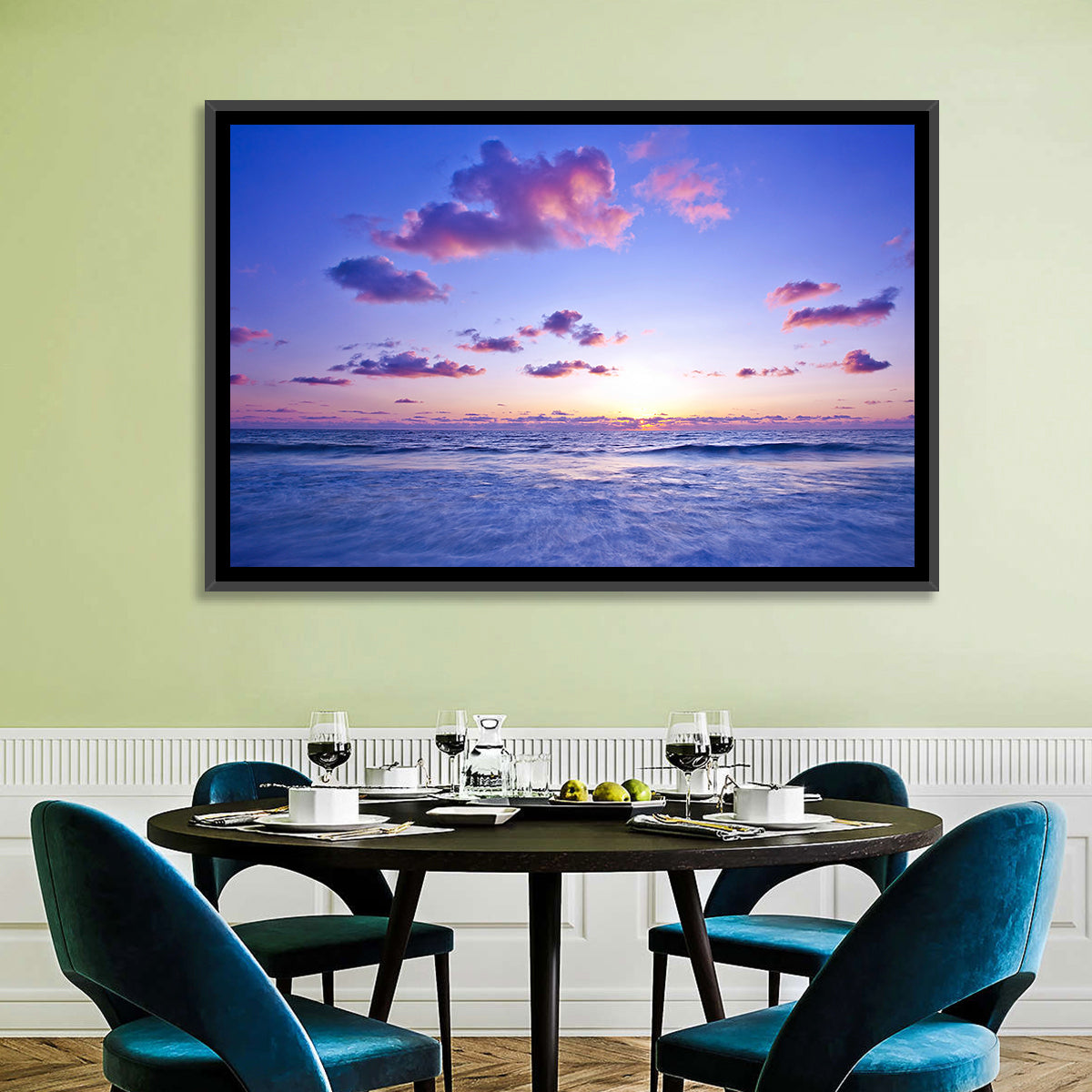 Mediterranean Sunset Wall Art in a room, landscape