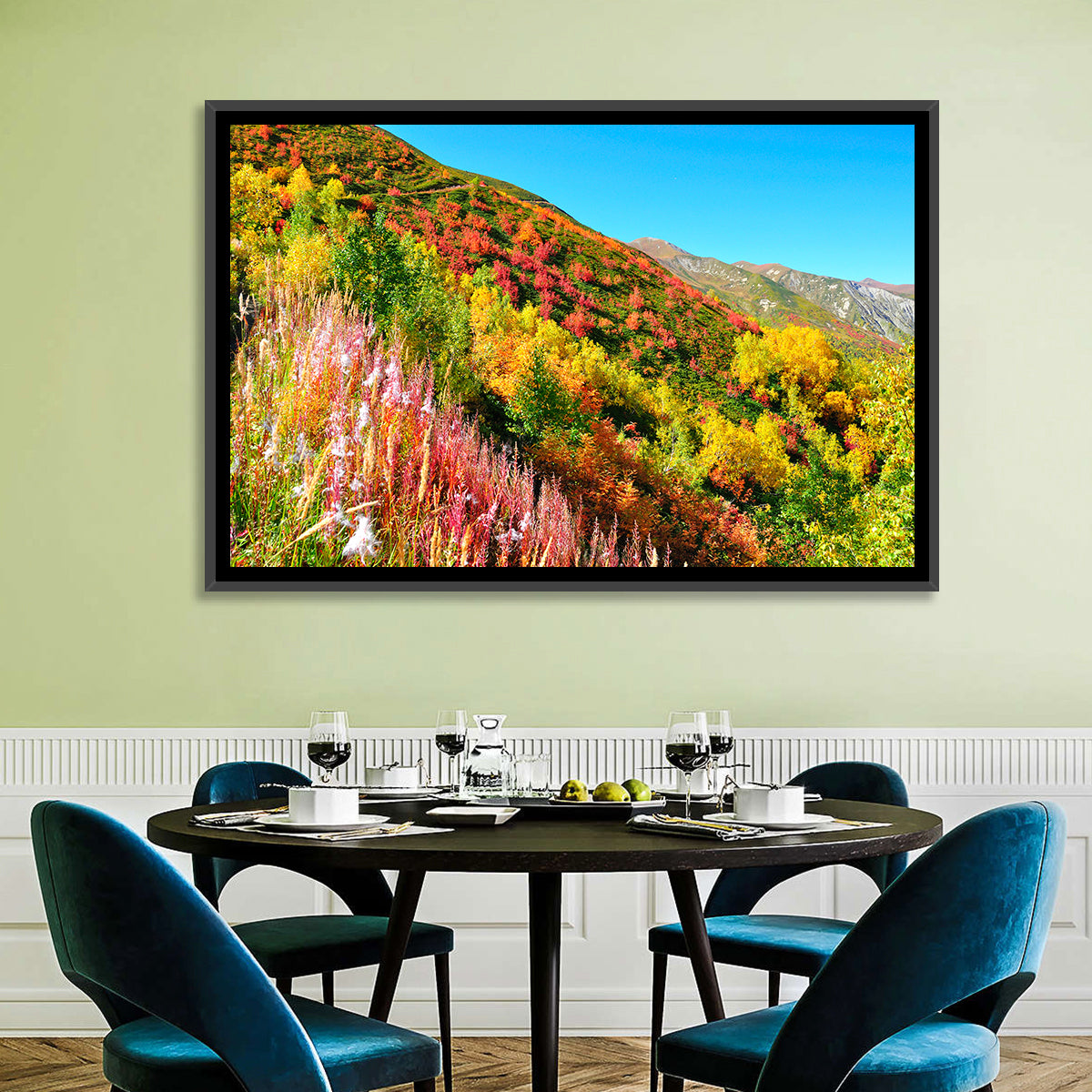 Svaneti Autumn Mountain Landscape Wall Art in a room, landscape