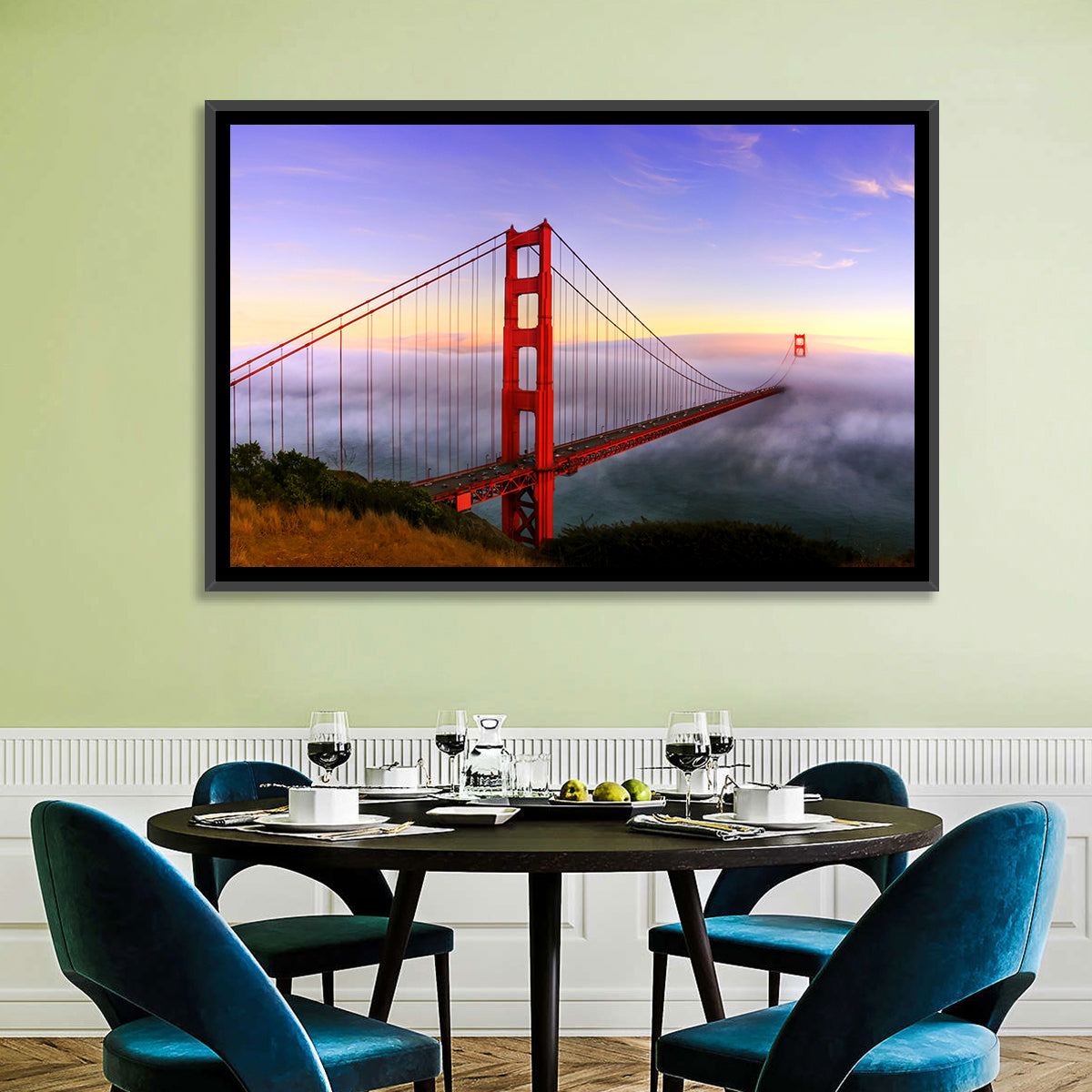 Foggy Golden Gate Bridge Wall Art in a room, landscape