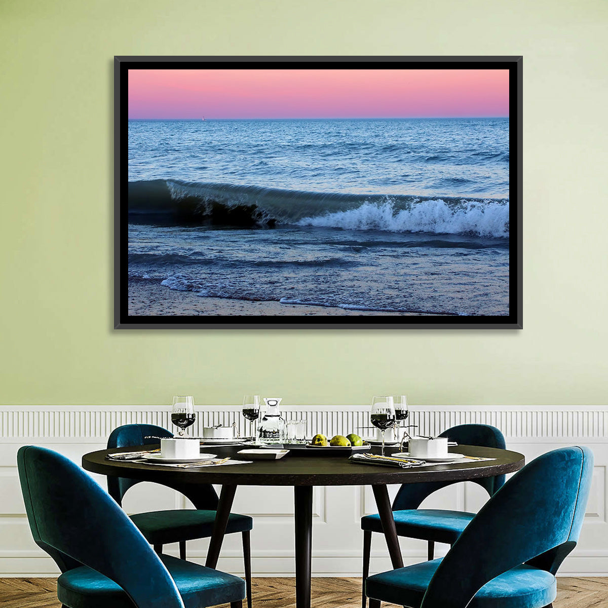 Lake Michigan Sunset with Sailboat Wall Art in a room, landscape