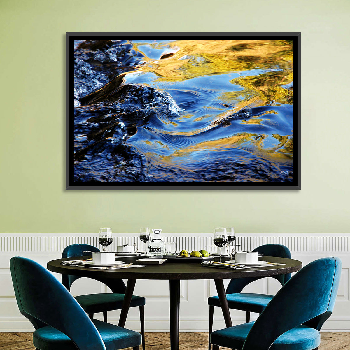 Flowing Stream with Golden Reflections Wall Art in a room, landscape