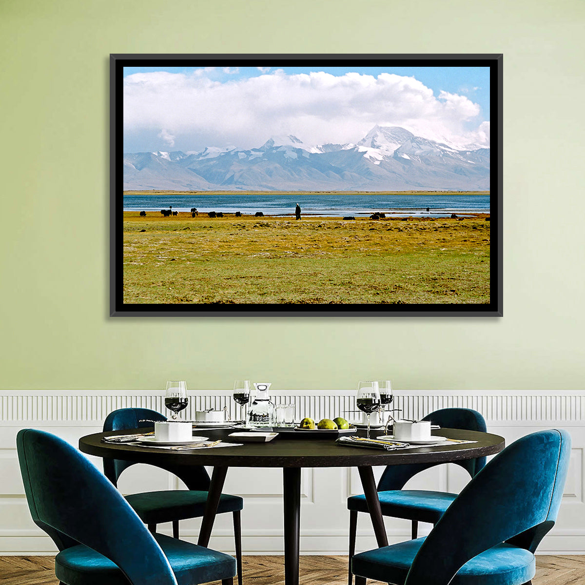 Mount Kailash from Lake Manasarovar Wall Art in a room, landscape