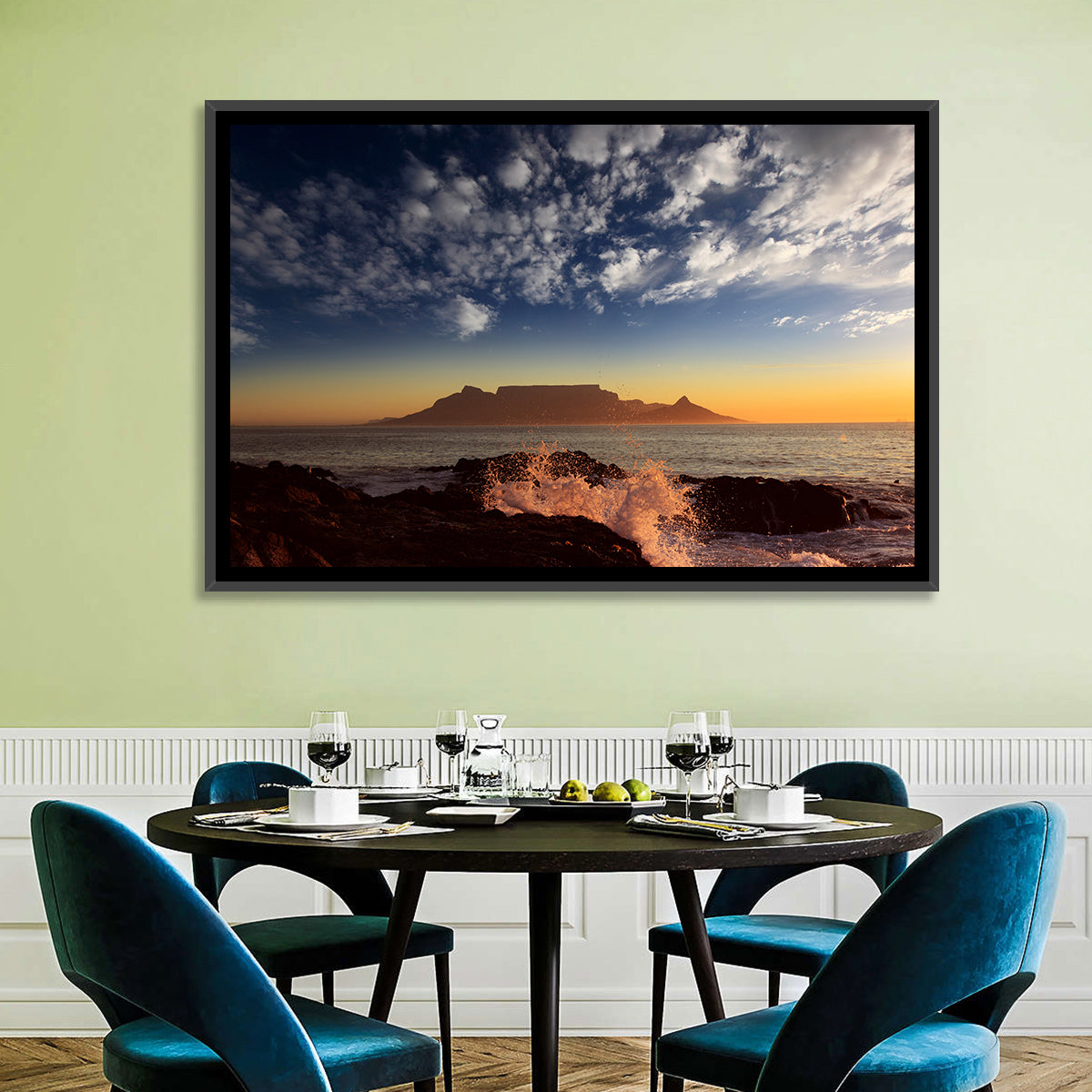 Table Mountain Sunset Silhouette Wall Art in a room, landscape