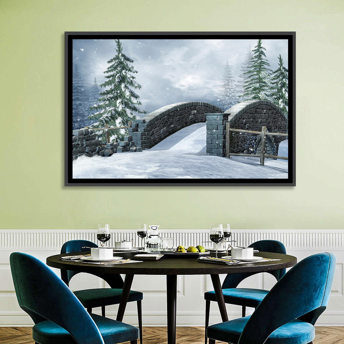 Snowy Stone Bridge in Winter Forest Wall Art in a room, landscape