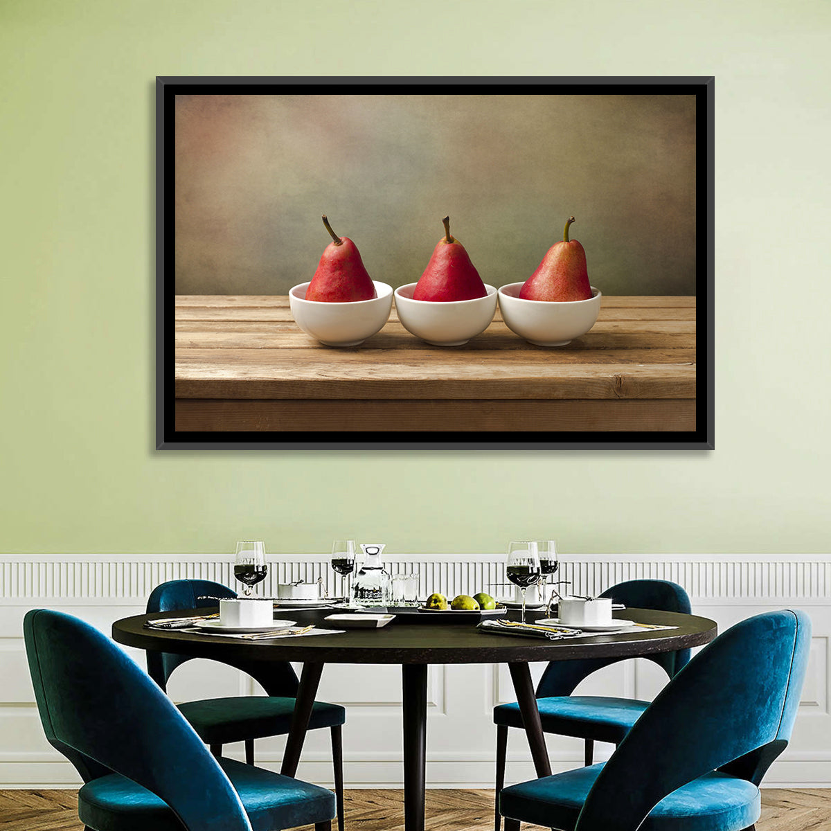 Three Red Pears in Bowls Wall Art in a room, landscape