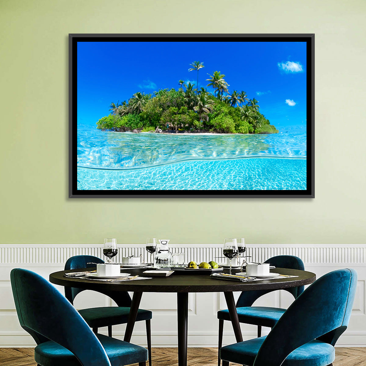 Tropical Island Lagoon Split-level Seascape Wall Art in a room, landscape