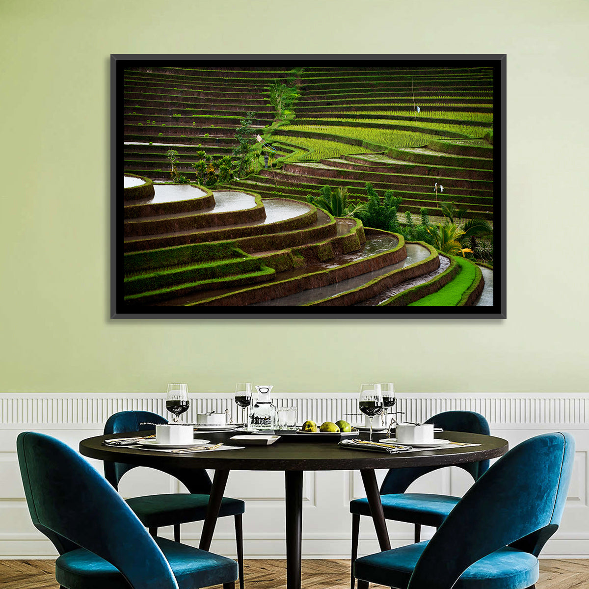 Lush Rice Terraces Wall Art in a room, landscape