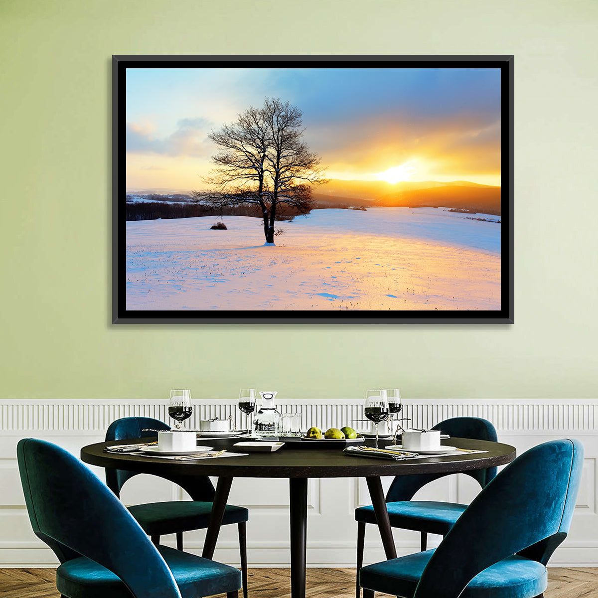 Snowy Winter Sunrise Wall Art in a room, landscape
