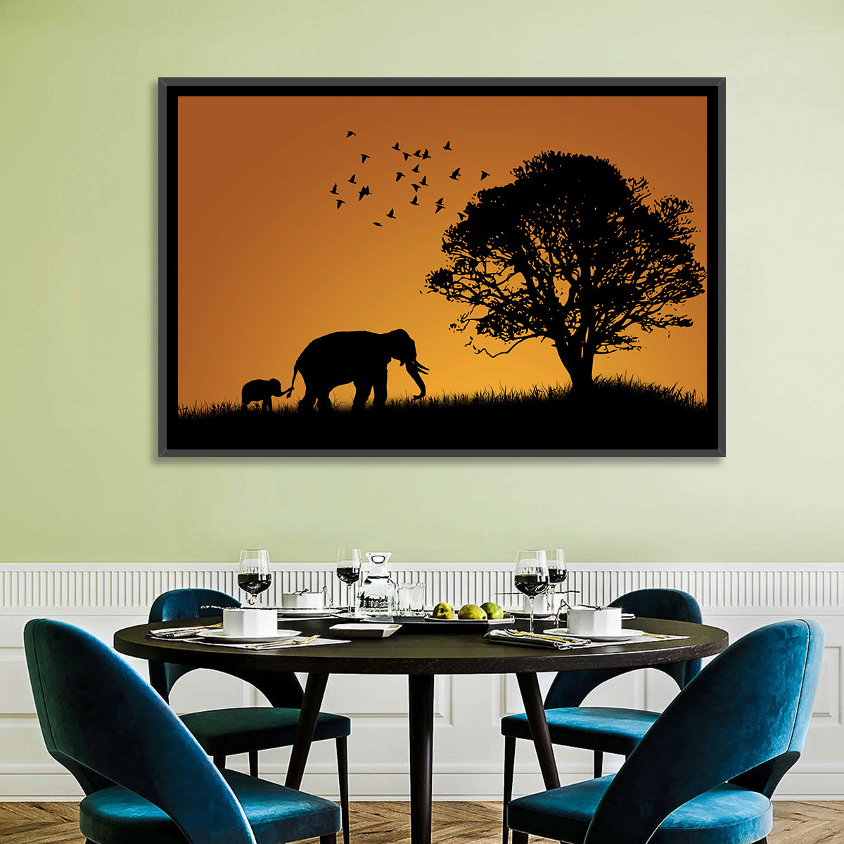 Elephant Family at Golden Sunset Wall Art in a room, landscape