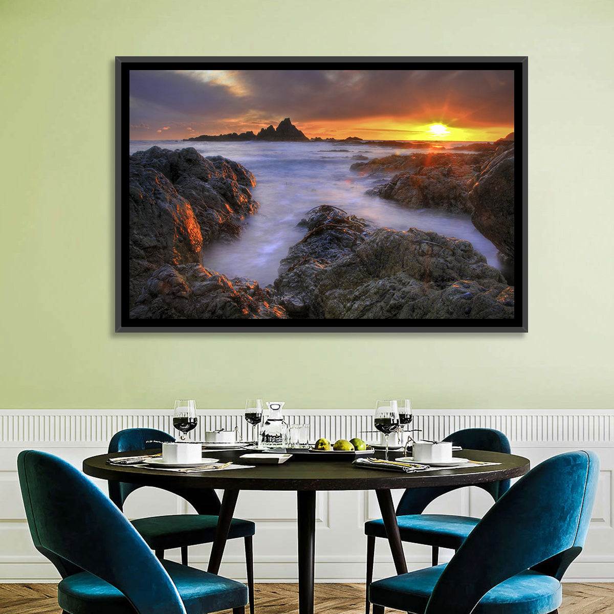 Tramore Rocky Coast Sunset Wall Art in a room, landscape