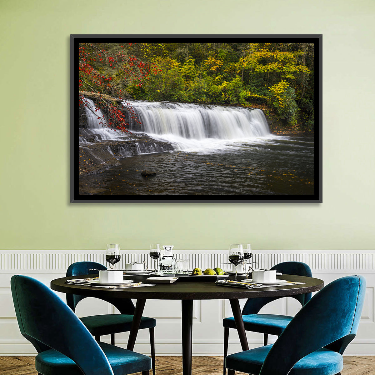 Dupont State Forest Autumn Waterfall Stream Wall Art in a room, landscape