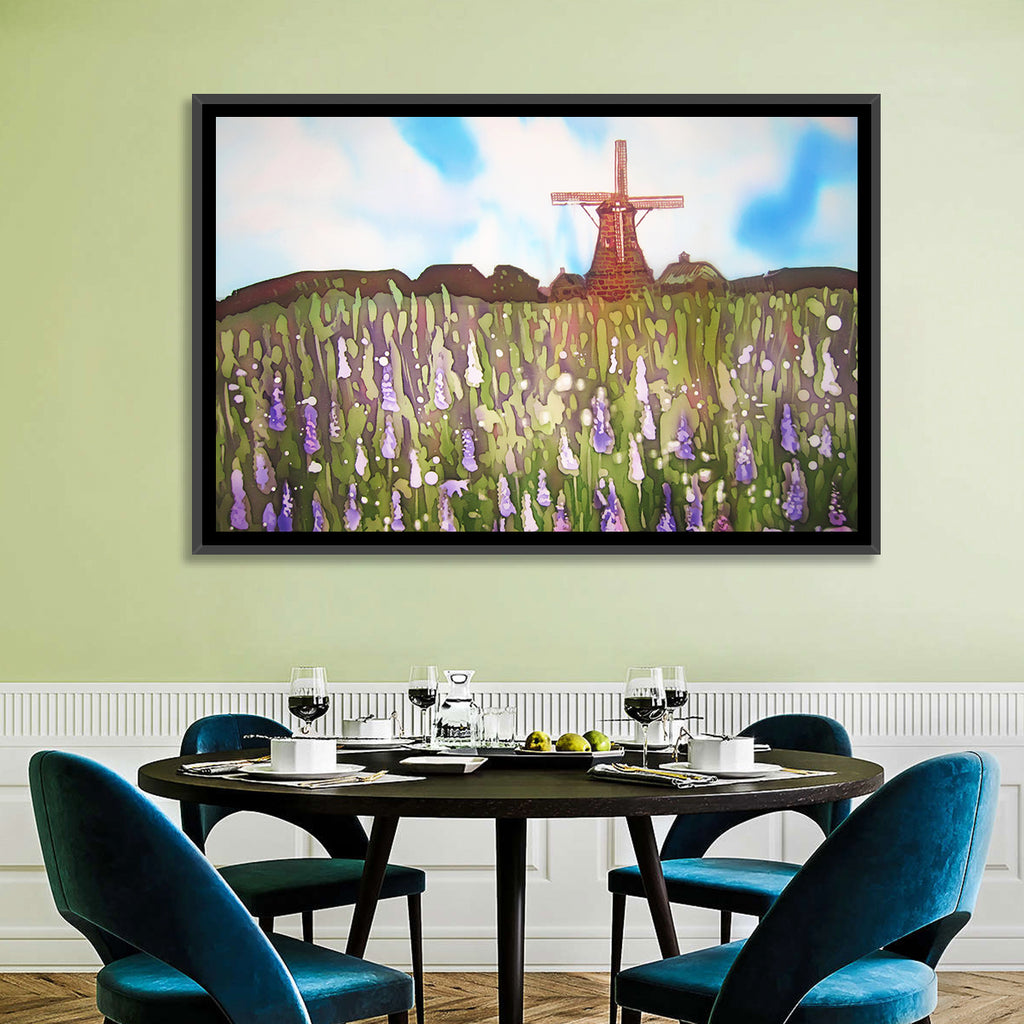 Ink Wash Windmill in Blooming Field Wall Art