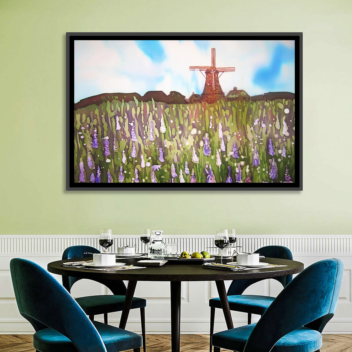Ink Wash Windmill in Blooming Field Wall Art in a room, landscape