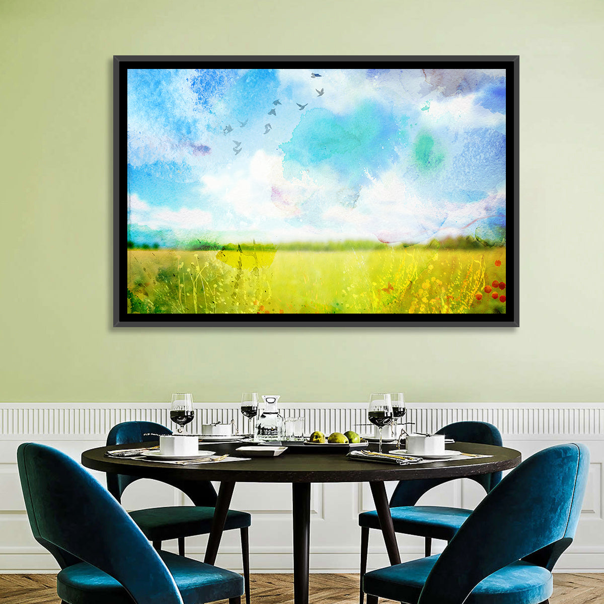 Watercolor Wildflower Field Wall Art in a room, landscape