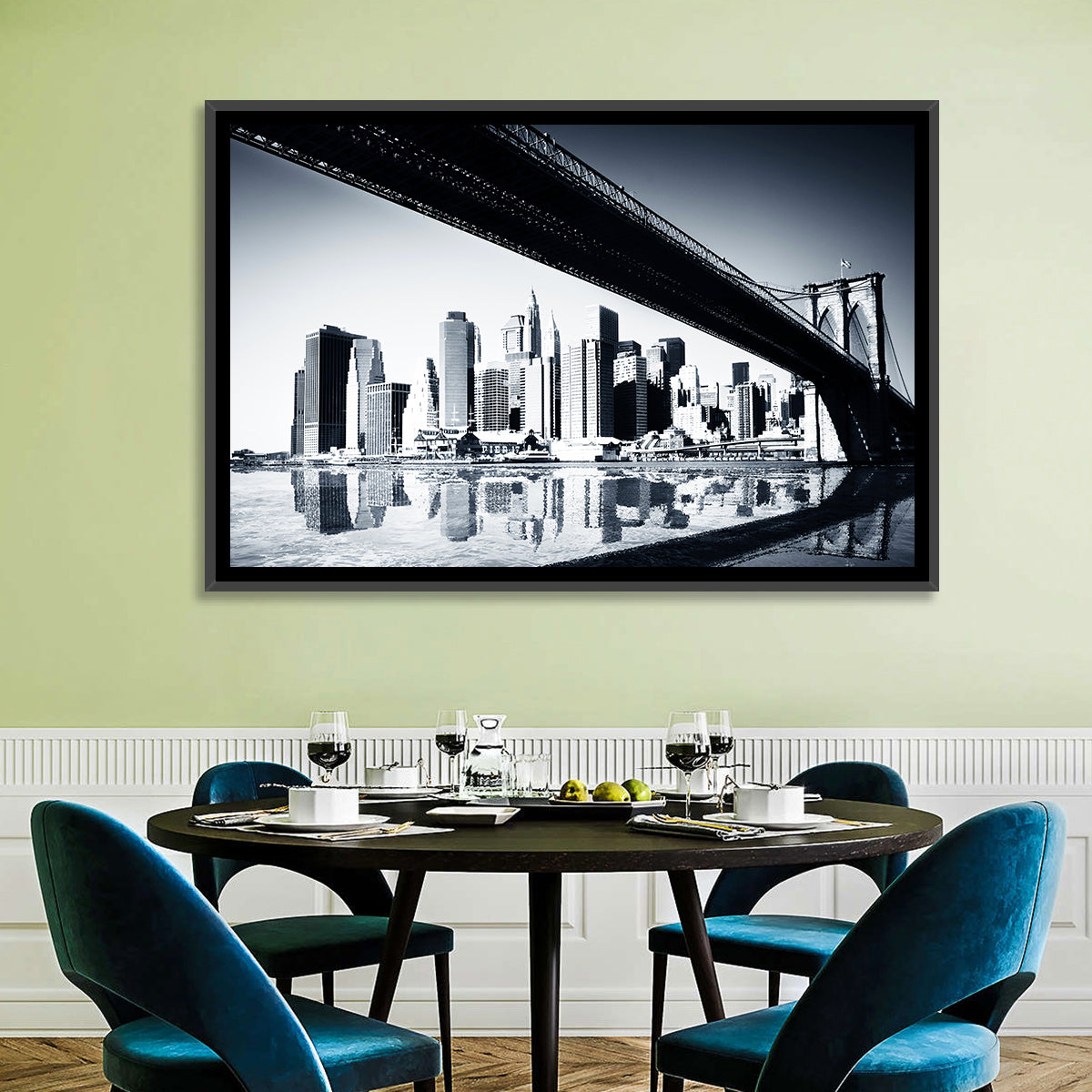 Brooklyn Bridge Low Angle Skyline Reflection Wall Art in a room, landscape