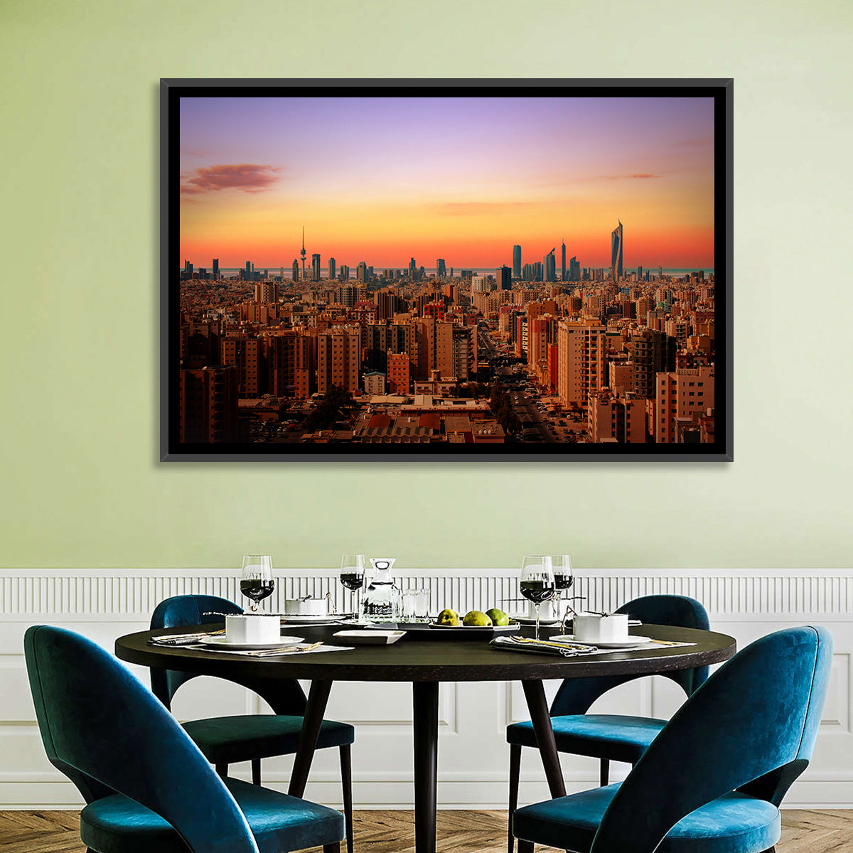 Kuwait City Skyline at Dusk Wall Art in a room, landscape