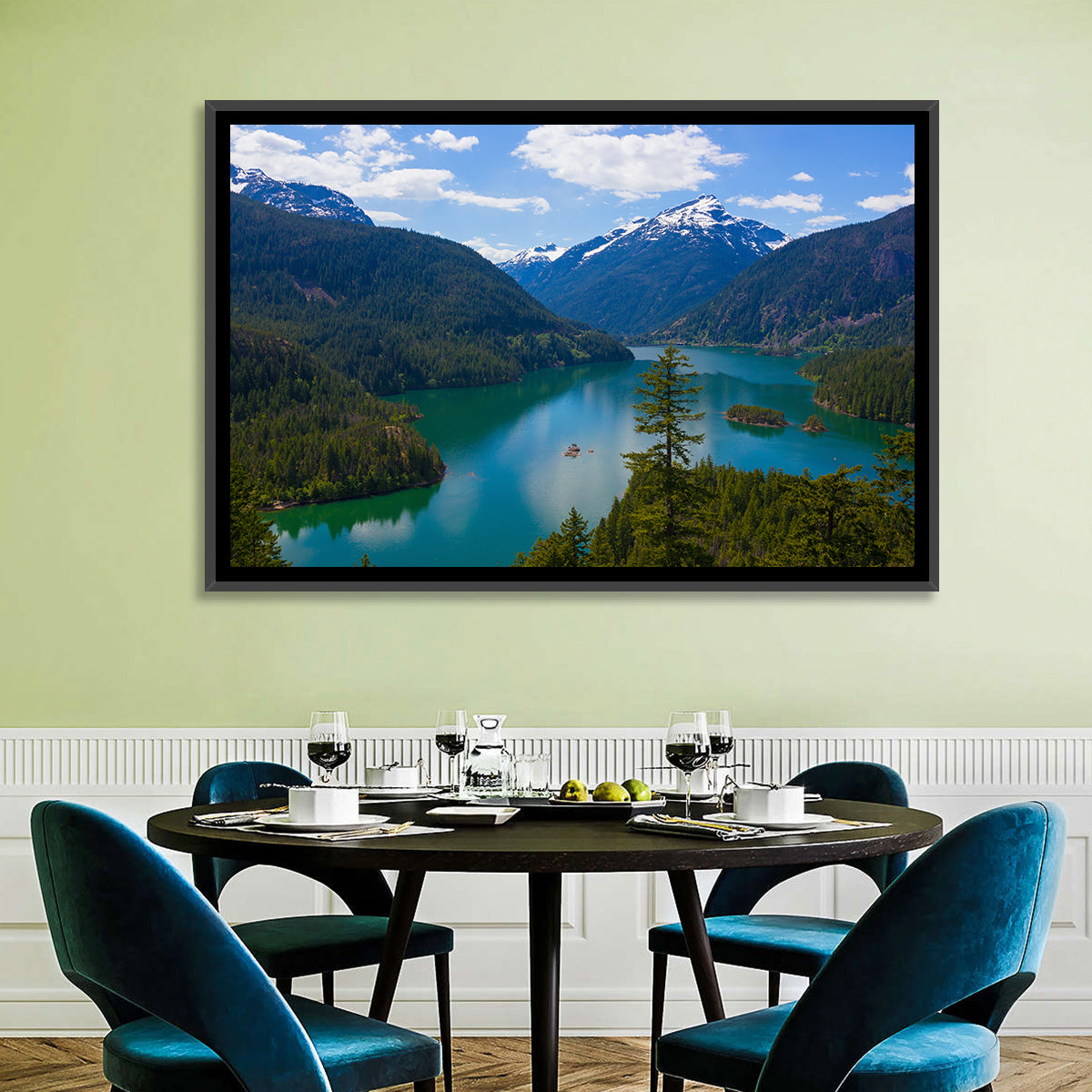 Diablo Lake Reflections Wall Art in a room, landscape