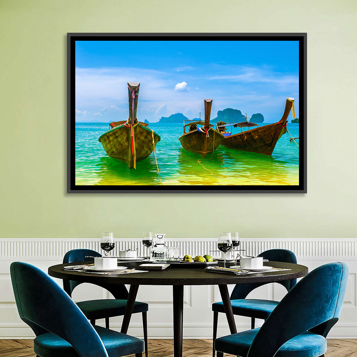 Three Long-tail Boats on Turquoise Water Wall Art